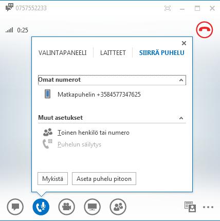 Lync-käyttöohje 11 (15) Puhelun välittäminen/siirtäminen toiselle henkilölle tai omaan matkapuhelimeen Kun olet