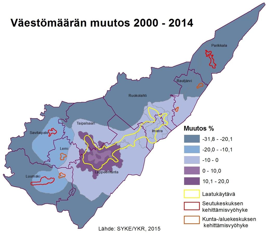 Kaupunki-maaseutu -luokitusta on käytetty aluerajauksena väestömäärän muutoksen seurannassa 2000 2014. Vertailuvälillä 2000 2014 väestömäärä Etelä-Karjalassa on pienentynyt noin kolme prosenttia.