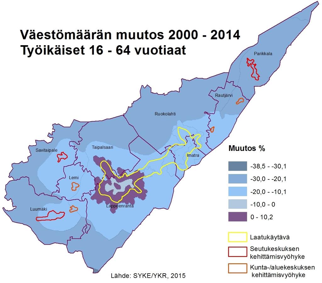 Työikäinen väestö (15 64 vuotiaat) on vähentynyt koko maakunnan alueella lukuun ottamatta Lappeenrannan sisempää kaupunkialuetta ja kehysaluetta.