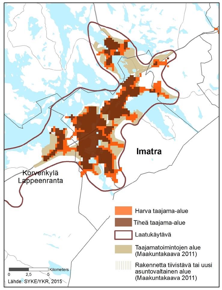 Pääasiassa vanhat kuntakeskukset sekä Vainikkala (Lpr), Asemanseutu (Rautjärvi), Jurvala (Luumäki) ja Kuukanniemi (Lemi) on merkitty taajamasymbolein.