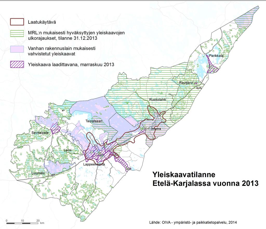 Yleiskaavoitus painottuu maakuntakaavan laatukäytävälle ja rajanylityspaikkojen läheisyyteen sekä Saimaalle ja pienemmille järvialueille.