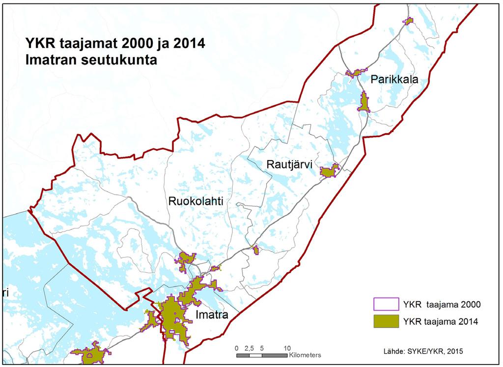 Etelä-Karjalan taajamien yhteenlaskettu pinta-ala oli 16,4 km² vuonna 2000 ja 18,6 km² vuonna 2014.