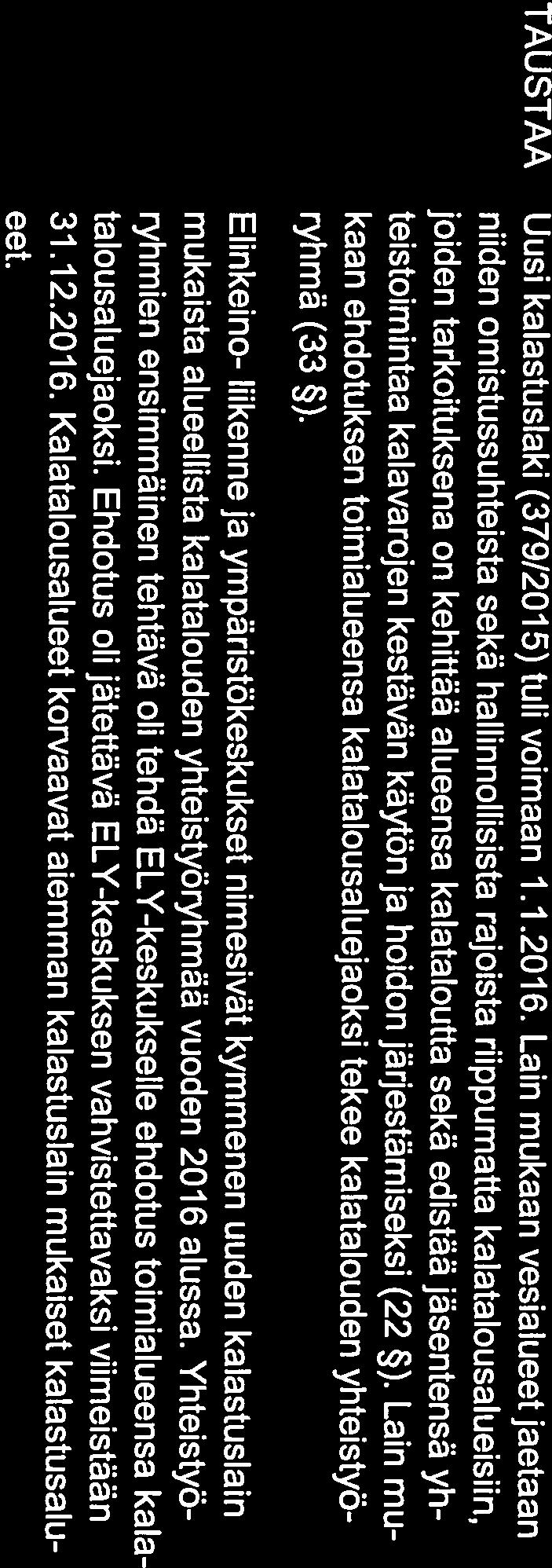 Lain mukaan vesialueet jaetaan niiden omistussuhteista sekä hallinnollisista rajoista riippumatta kalatalousalueisiin, joiden tarkoituksena on kehittää alueensa kalataloutta sekä edistää jäsentensä