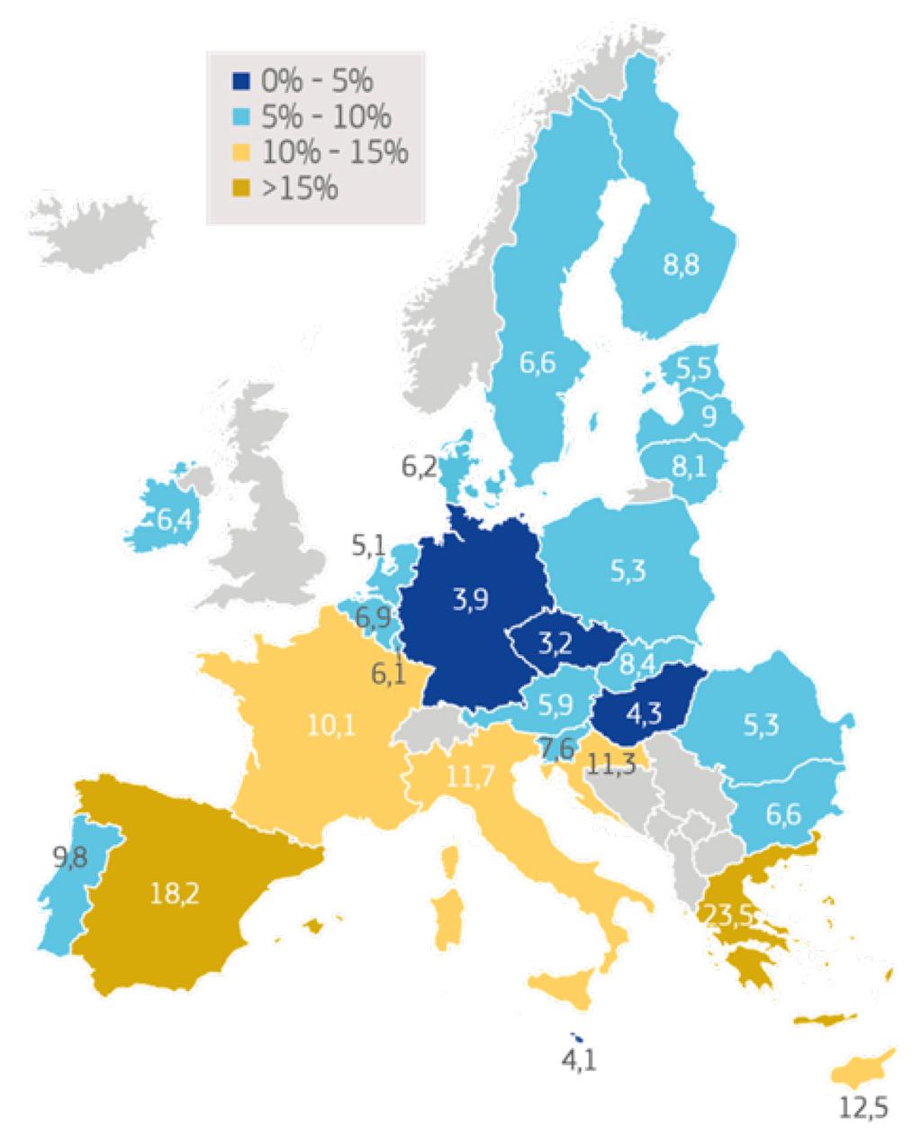 Lähde: Euroopan komissio Työttömyys vähenee yleisesti, mutta työttömyysasteissa on edelleen huomattavia eroja euroalueen jäsenvaltioiden välillä.