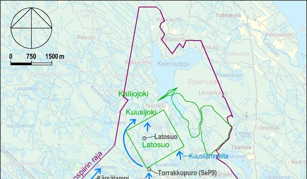 4 Kuva 1 Näytteenottopaikat sekä vesien johtaminen kaivosalueella. 2.