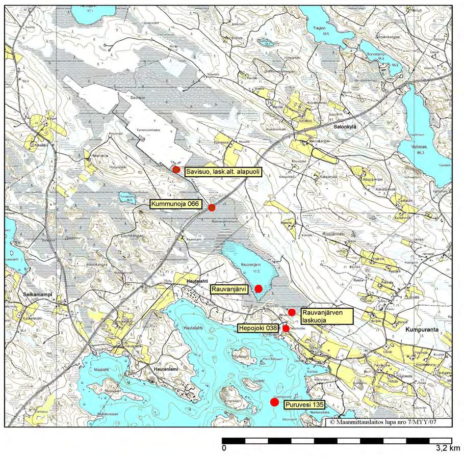 71 Kuva 21. Savisuon tarkkailun havaintoasemat (karttapohja ympäristöhallinnon Hertta-tietokannasta) Vesinäytteenotto Rauvanjärvestä on ollut ongelmallista.