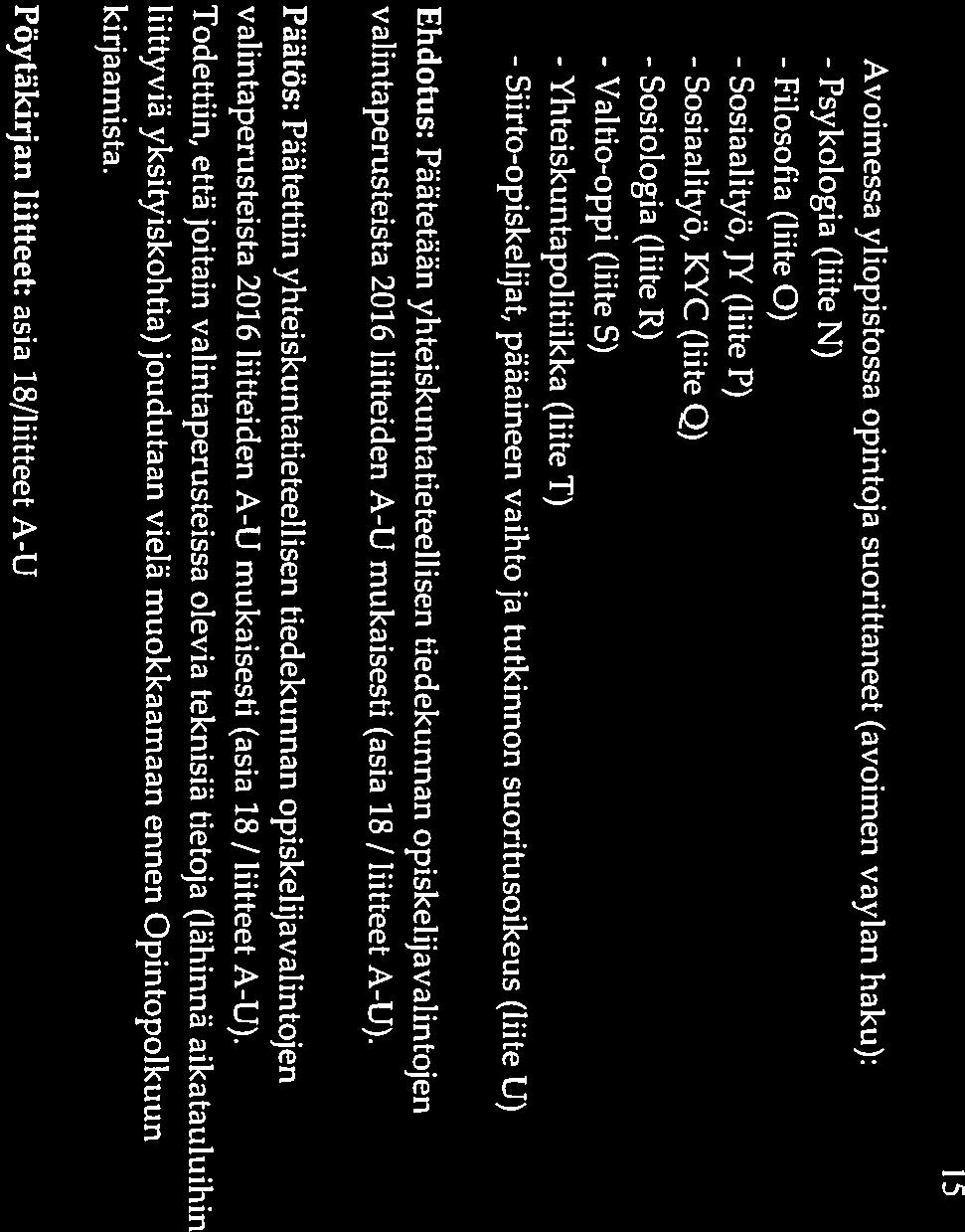 - Avoimessa yliopistossa opintoja suorittaneet (avoimen väylän haku): - Psykologia (liite N) - Filosofia (liite 0) - Sosiaalityö, JY (liite P) - Sosiaalityö, KYC (liite Q) - Sosiologia (liite R) -