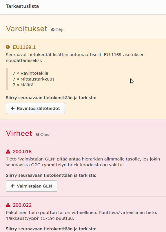 Tarkastuslistalla olevat virheet näkyvät samaan aikaan