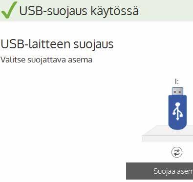 Kytke usb-liitäntään usb-muistitikku tai ulkoinen kiintolevy, ja napsauta sitten aloitusvalikon painiketta USB-suojaus. Tarkista vielä, että usb-suojaus on käytössä ja oikea usb-laite on valittuna.