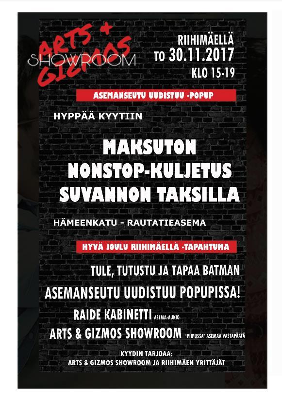 STATION HACKATHON: ASEMANSEUTU UUDISTUU POPUP DAY PALVELUNTARJOAJAT (jatkuu) Tapahtuman yhteydessä järjestettiin Riihimäen yrittäjien kanssa yhteistyössä maksuton nonstop-kuljetus rautatieaseman ja