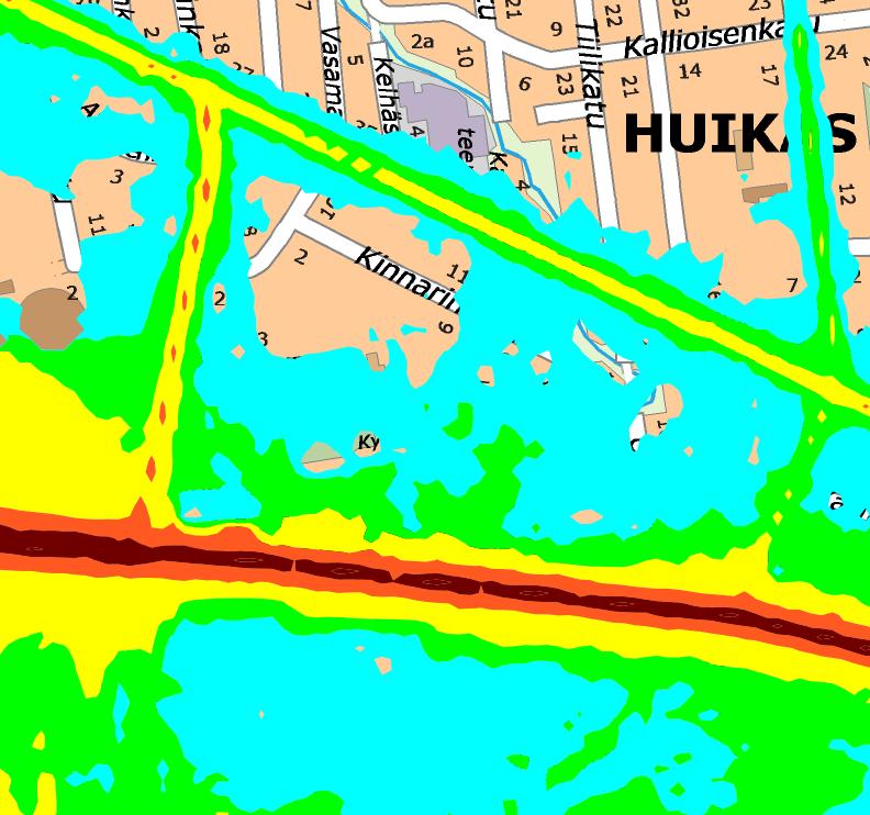 Tampere melu, yö 2030 keskiäänitaso, lähde: Tampereen paikkatieto. ASEMAKAAVAN TOTEUTUS 5.