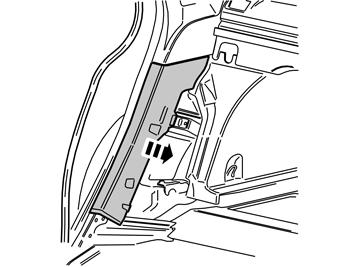 J8504928 40A Kuva A Irrota kumilista takaoven takareunasta Vedä irti C-pylvään alapaneeli, joka on kiinnitetty neljällä pidikkeellä sisäpuolelta.