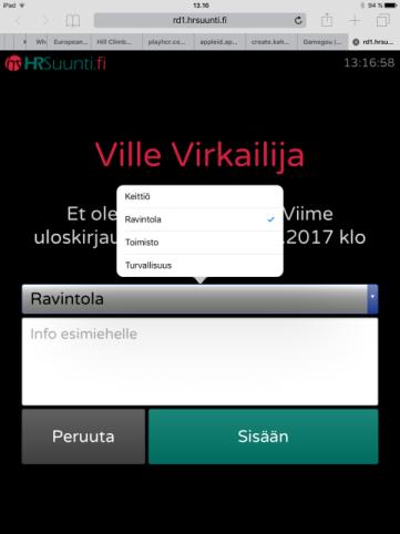 Työntekijä valitsee osaston, johon hän on kirjautumassa työvuoroon sekä lisää mahdollisen selitteen tuloon liittyen.