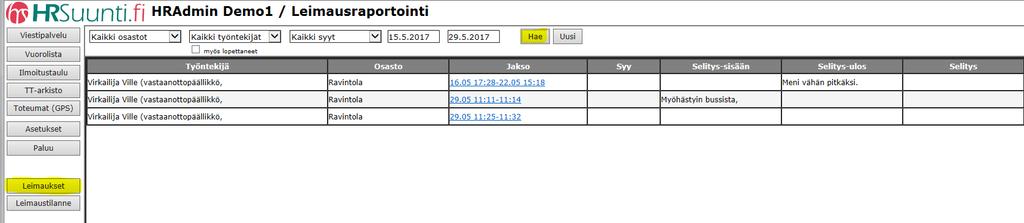 HRAdmin Kellokortin leimaukset on nähtävissä ja muutettavissa HRAdmin ohjelman puolella.