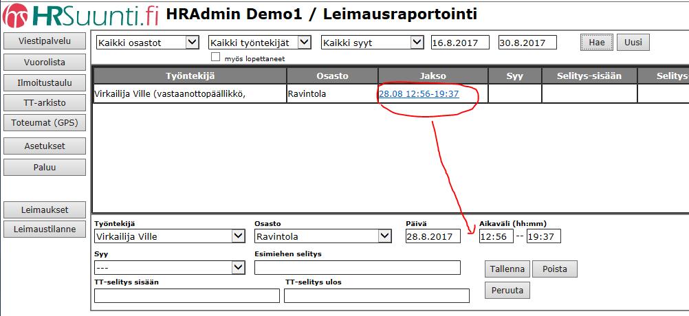 päivittyvät ruudulle. Leimausta voidaan korjata / muuttaa klikkaamalla leimatiedon sinistä linkkiä.