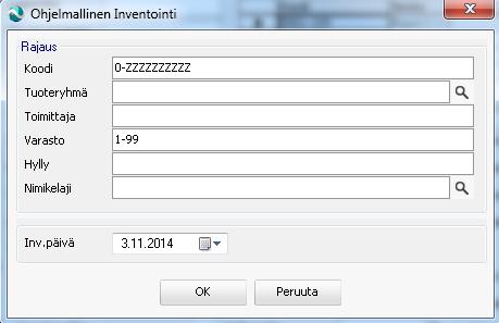 Ohjelmallisen inventoinnin rajausmahdollisuudet. Ohjelma kirjaa varastopäiväkirja-raporttiin merkinnän inventointihetken varastosaldosta.