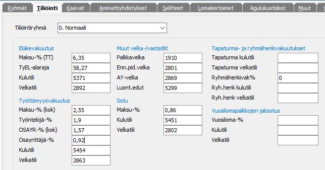 9.3.1 Ohjaustietoihin päivitettävät prosentit Jos käytössäsi on tiliöintiryhmät, muista syöttää muuttuneet tiedot kaikille käytössä oleville tiliöintiryhmille.