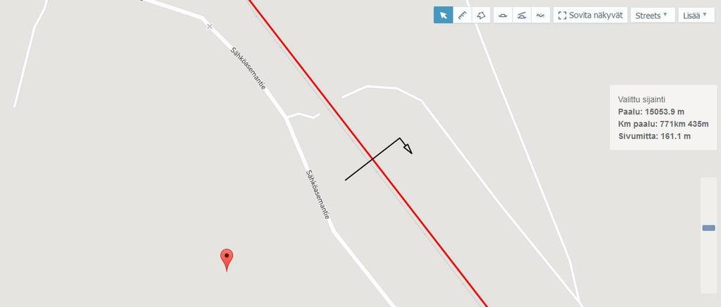 29 - Valittu sijainti -toiminto osoittaa hiiren klikkauksen (punainen sijaintimerkki, Kuvio 13) paikan suorakulmaisesti, suhteessa aktiivisena olevaan mittalinjaan - Valittu sijainti -laatikko