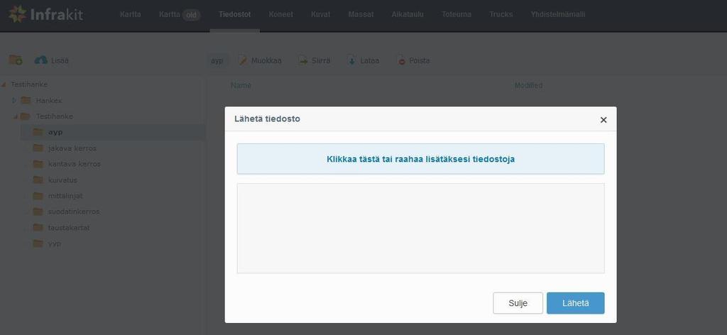 39 Kansiopuun rakentaminen vaiheittain: Tiedostot-välilehdellä on valmiiksi hankkeen nimellä oleva kansiopuun juuri (Testihanke oranssilla symbolilla, Kuvio 20).