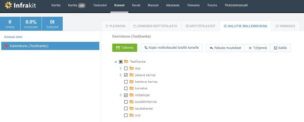 40 8.4 Työkoneiden alustus hankkeelle Pääkäyttäjän luotua työkoneet hankkeelle, operaattorin tehtäväksi jää koneiden tarkastukset ja niiden mallioikeuksien määrittely.