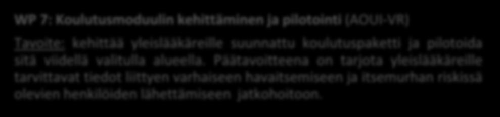 8 of 42 Itsemurhien teknologiapohjaisten ehkäisyohjelmien eettiset ohjeet WP 7: Koulutusmoduulin kehittäminen ja pilotointi (AOUI-VR) Tavoite: kehittää yleislääkäreille suunnattu