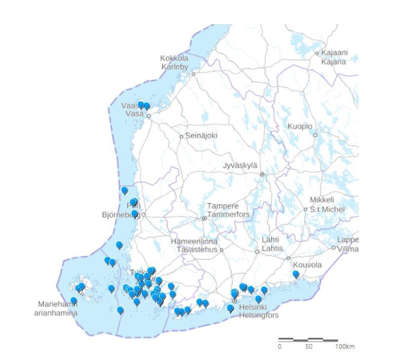 Kuva 70. Kansalaisten ilmoittamat pyöriäishavainnot Suomen aluevesillä 2000-luvulla (SYKE). 5.6.