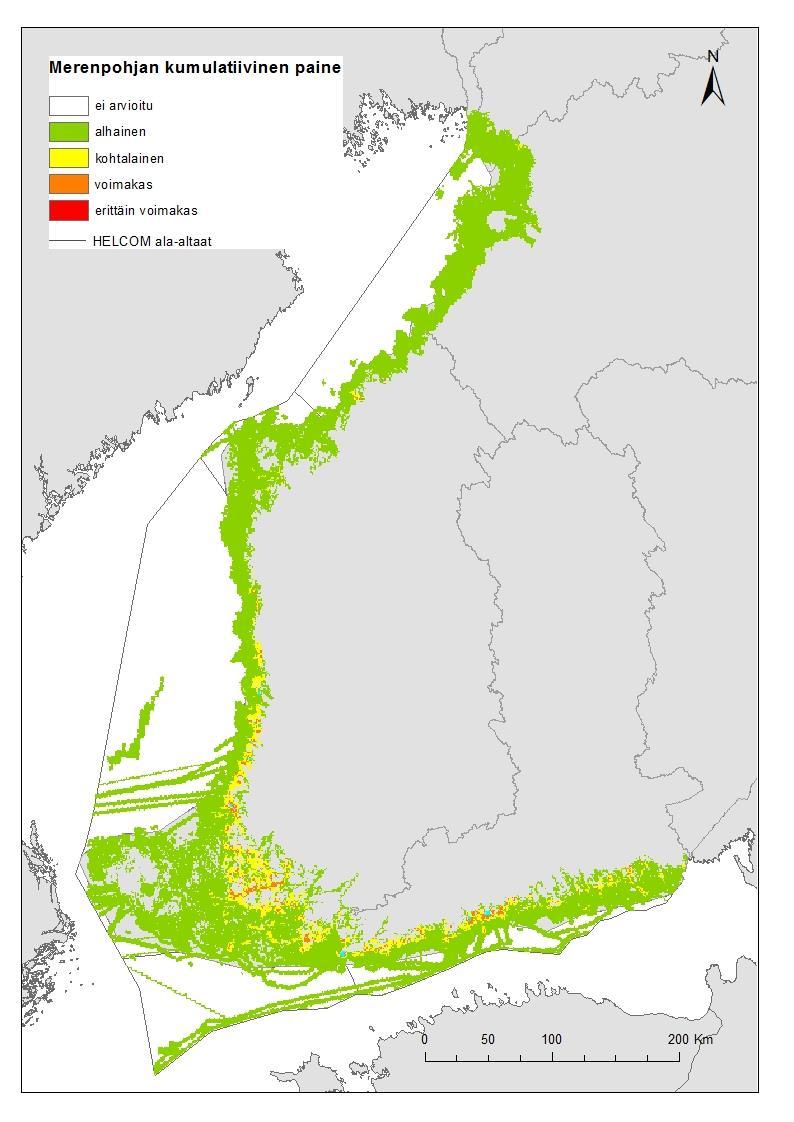 Kuva 26 osoittaa, että suurimmat kumulatiiviset vaikutukset kohdistuivat Selkämeren, Saaristomeren ja Suomenlahden sisempiin rannikkovesiin ja sisäsaaristoon sekä välisaaristoon.