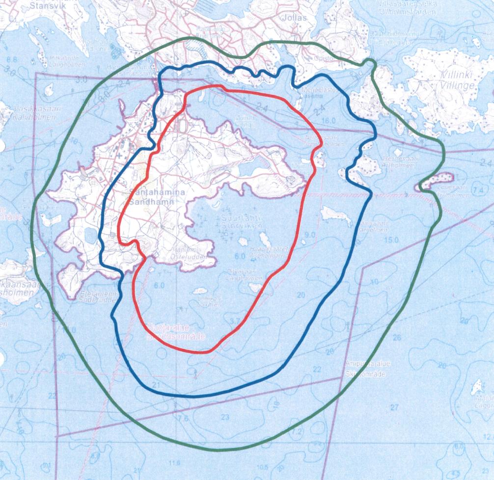 7 (15) Kuva 3. Ampumaratojen LAImax-meluvyöhykkeet: 70 db (punainen viiva), 65 db (sininen viiva) ja 60 db (vihreä viiva).