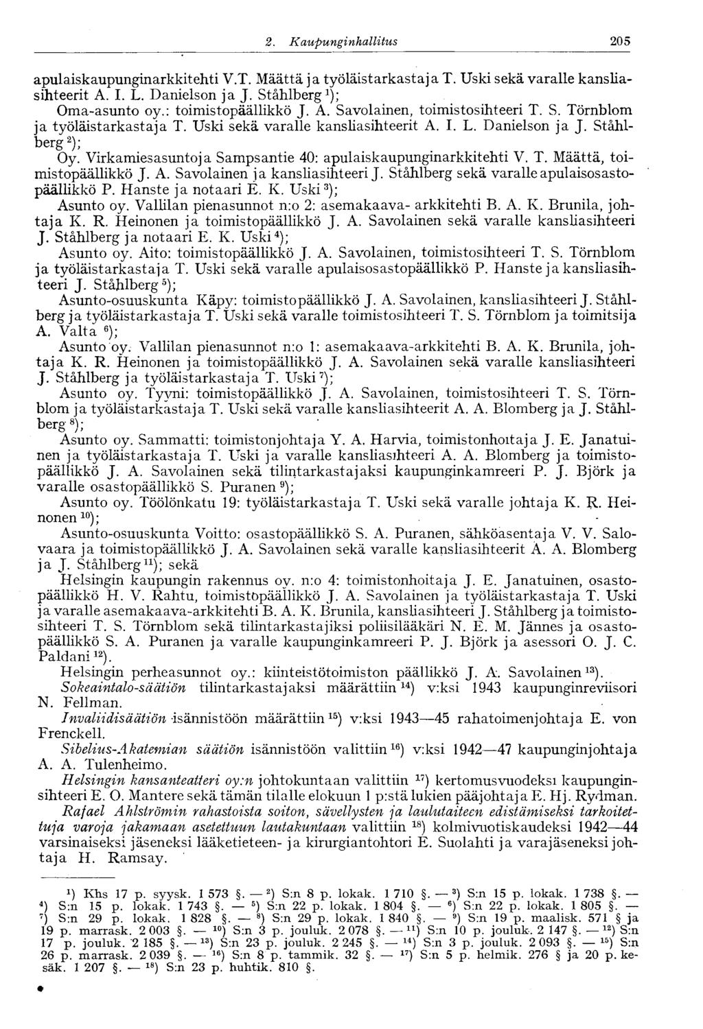 205 2. Kaupunginhalli tus apulaiskaupunginarkkitehti V.T. Määttä ja työläistarkastaja T. Uski sekä varalle kansliasihteerit A. I. L. Danielson ja J. Ståhlberg 1 ); Oma-asunto oy.: toimistopäällikkö J.