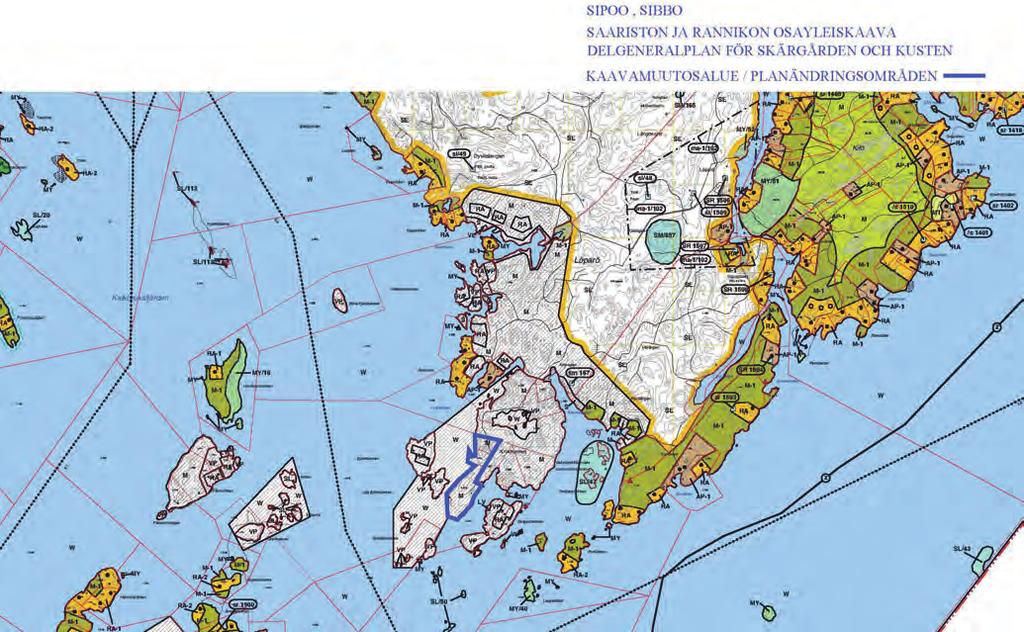 Ote saariston ja rannikon osayleiskaavasta, kaavamuutosalue on rajattu kaavaan sinisellä viivalla.