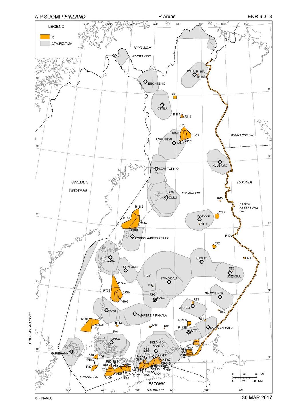 8 Kuva 2. Suomen ilmatilan rajoitusalueet (Air Navigation Services Finland 2017, ENR 6.