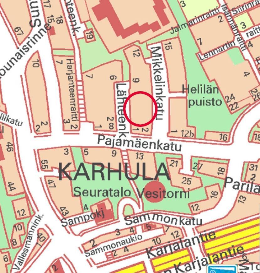 3 1.2 Kaava-alueen sijainti Lähteenkatu 3 sijaitsee Karhulassa, Helilän kaupunginosassa, Pajamäenkadun ja vesitornin pohjoispuolella.