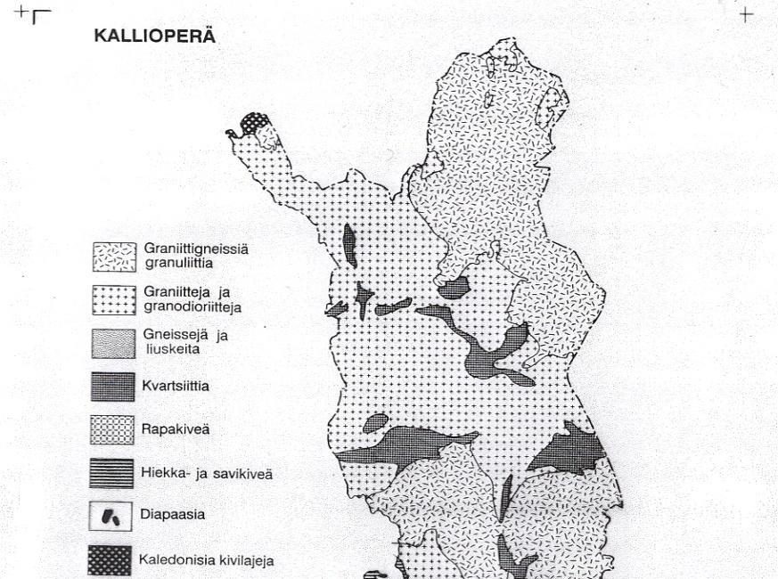 Suomen kallioperä (Kartta Tikkasen, ks. myös Lehtinen ym.