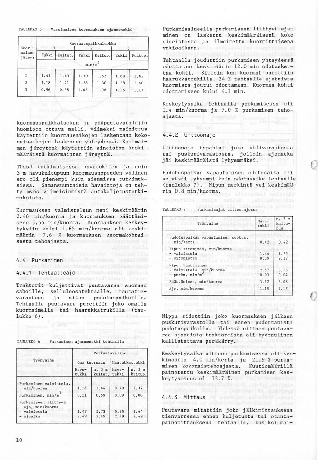 TAULUKKO Kuormaimen järeys Purkamisalueella purkamiseen liittyvä ajaminen on laskettu keskimääräisenä koko aineistosta ja ilmoitettu kuormittaisena vakioaikana. Varsinaisen kuormauksen ajanmenekki Ku.