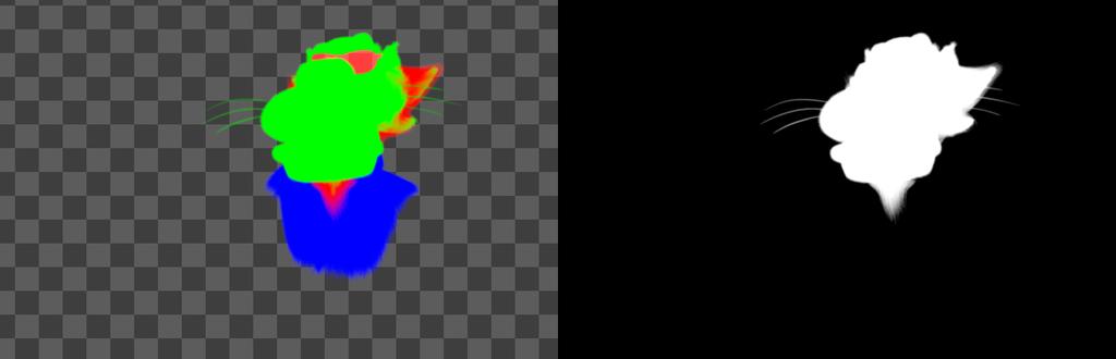 43 Materiaalin renderöintivaiheessa hahmon eri osille luotiin valmiita matte-passeja, joiden avulla 3D-elementeistä voidaan nopeasti eristää tarvittavia alueita.