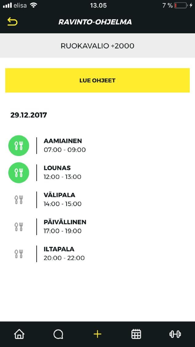 RUOKAPÄIVÄKIRJA Ruokapäiväkirjojen täyttö onnistuu helposti suoraan mobiiliaplikaatiosta, jonne asiakas voi kirjata onko hän syönyt aterian valmentajan ohjeiden mukaisesti vai ei.