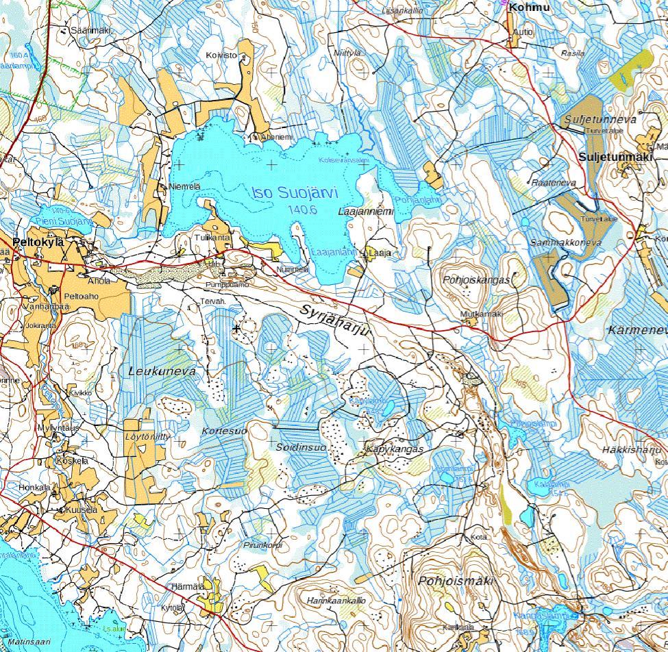 2 Kuva 1. Suljetunnevan turvetuotantoalueen sijainti ja sen alapuoliset vesialueet. Iso Suojärvi (252 ha) on pintavesityypiltään matala runsashumuksinen järvi (MRh).