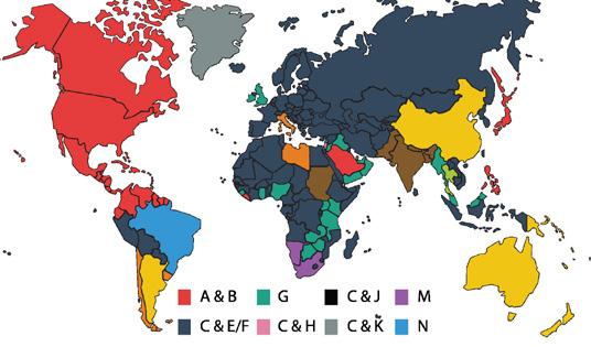 YLEISTÄ Seuraava kartta (kuva 8) kuvaa 1~vaiheisten pistokkeiden käyttöä eri puolilla maailmaa.