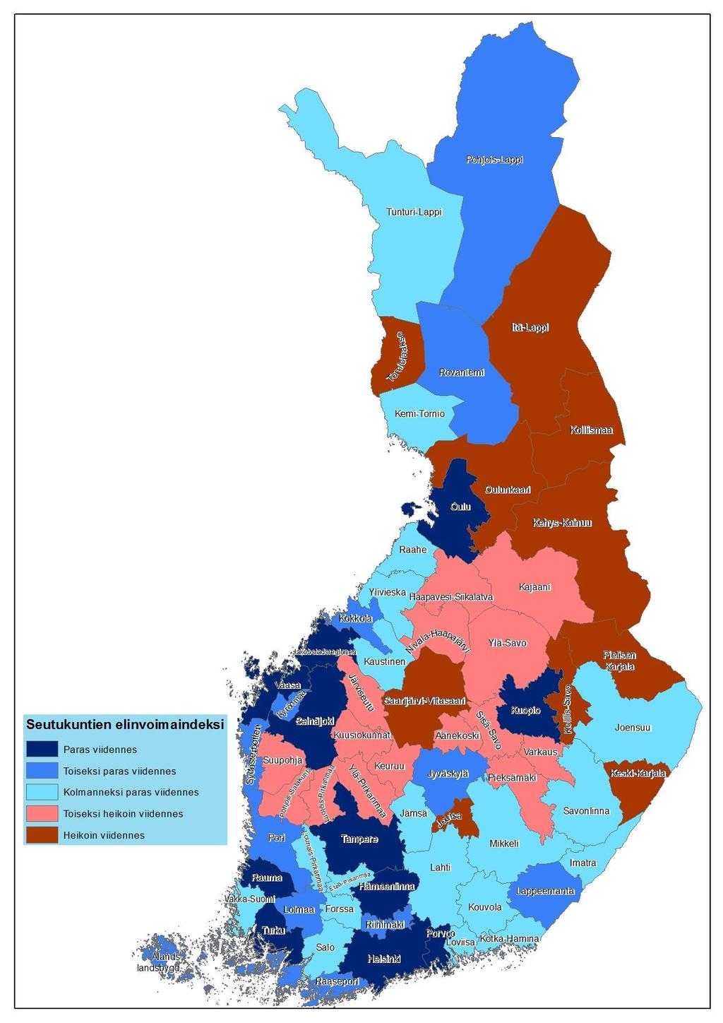 SEUTUKUNTIEN ELINVOIMAINDEKSI Indeksi sisältää 10 alueen elinvoimaa kuvaavaa rakenneindikaattoria. Kaikki 70 seutua on jaettu viiteen viidennekseen 10 indikaattorin keskiarvon perusteella.