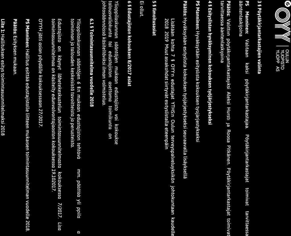 - Lisätään 0 \VAV// OULUN T YLIOPISTON Esityslista YLIOPPILASKUNTA Hallituksen kokouksen 28/2017 3 Pöytäkirjantarkastajien valinta P5 Manninen: Valitaan kaksi pöytäkirjantarkastajaa.
