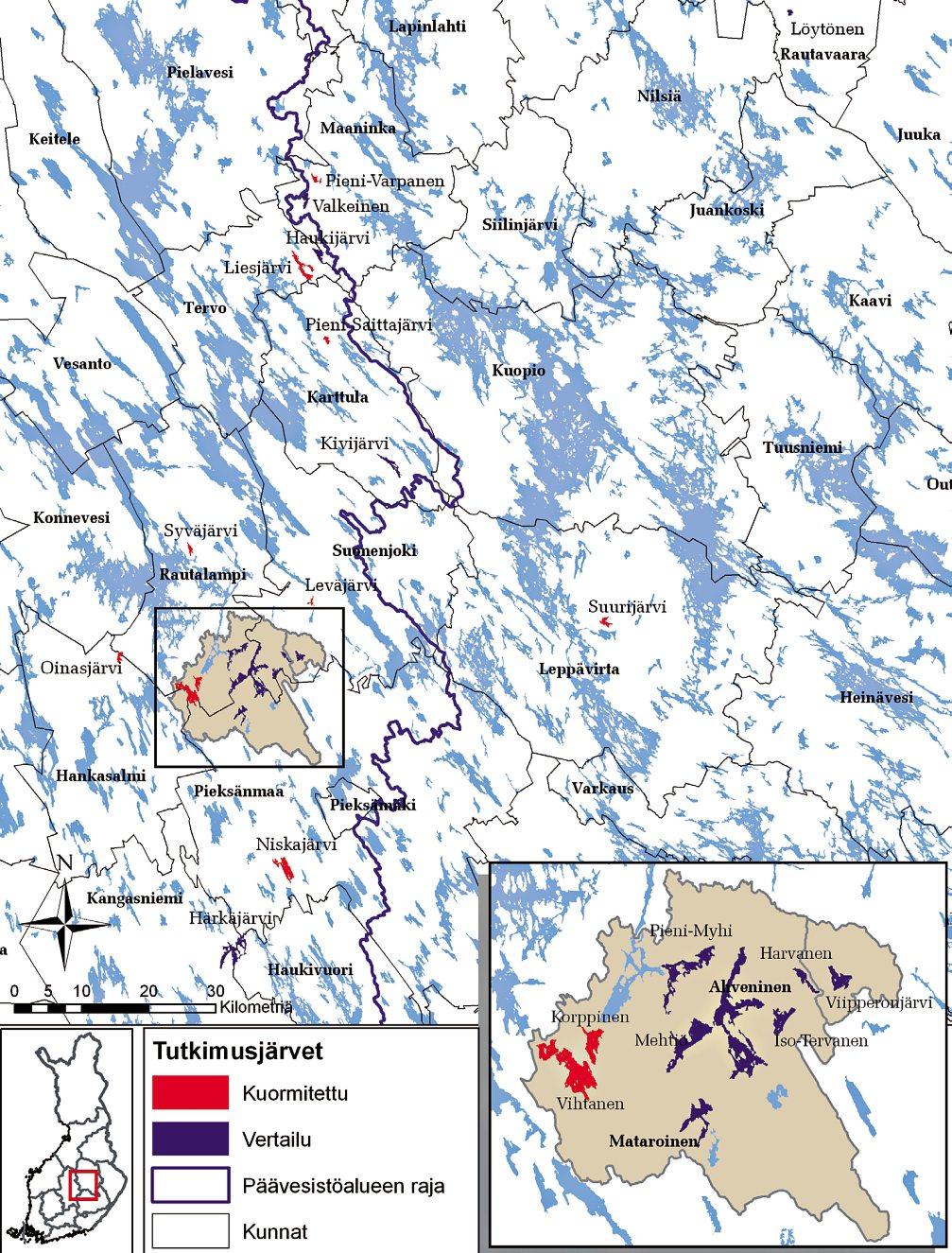 Kuva 1. Tutkimusjärvien sijainti. 1.2 Tutkimusjärvet Tutkimuksen kohdejärviksi valittiin pääsääntöisesti pieniä (alle 5km 2 )keskihumuksisia (väriluku 30 90 mg Pt/l) järviä (taulukko 1).