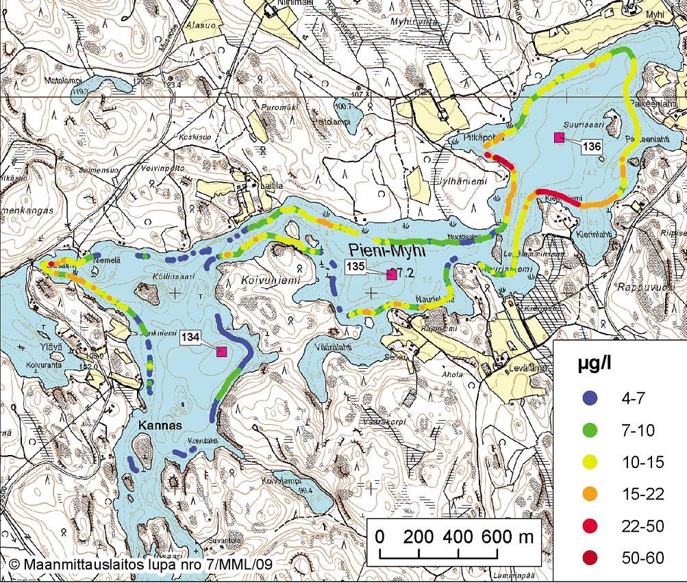 Kasviplanktonin biomassan ja veden a-klorofyllin korrelaatio havaittuun veden fosforiarvoon oli selkeä (taulukko 3).
