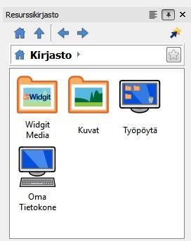 Resurssikirjasto Ohjelmaikkunan oikeassa laidassa olevan Resurssikirjaston kautta pääset nopeasti käsiksi tietokoneellasi ja verkossasi oleviin kuviin sekä yli 4 000 Widgit Media -tiedostoon.