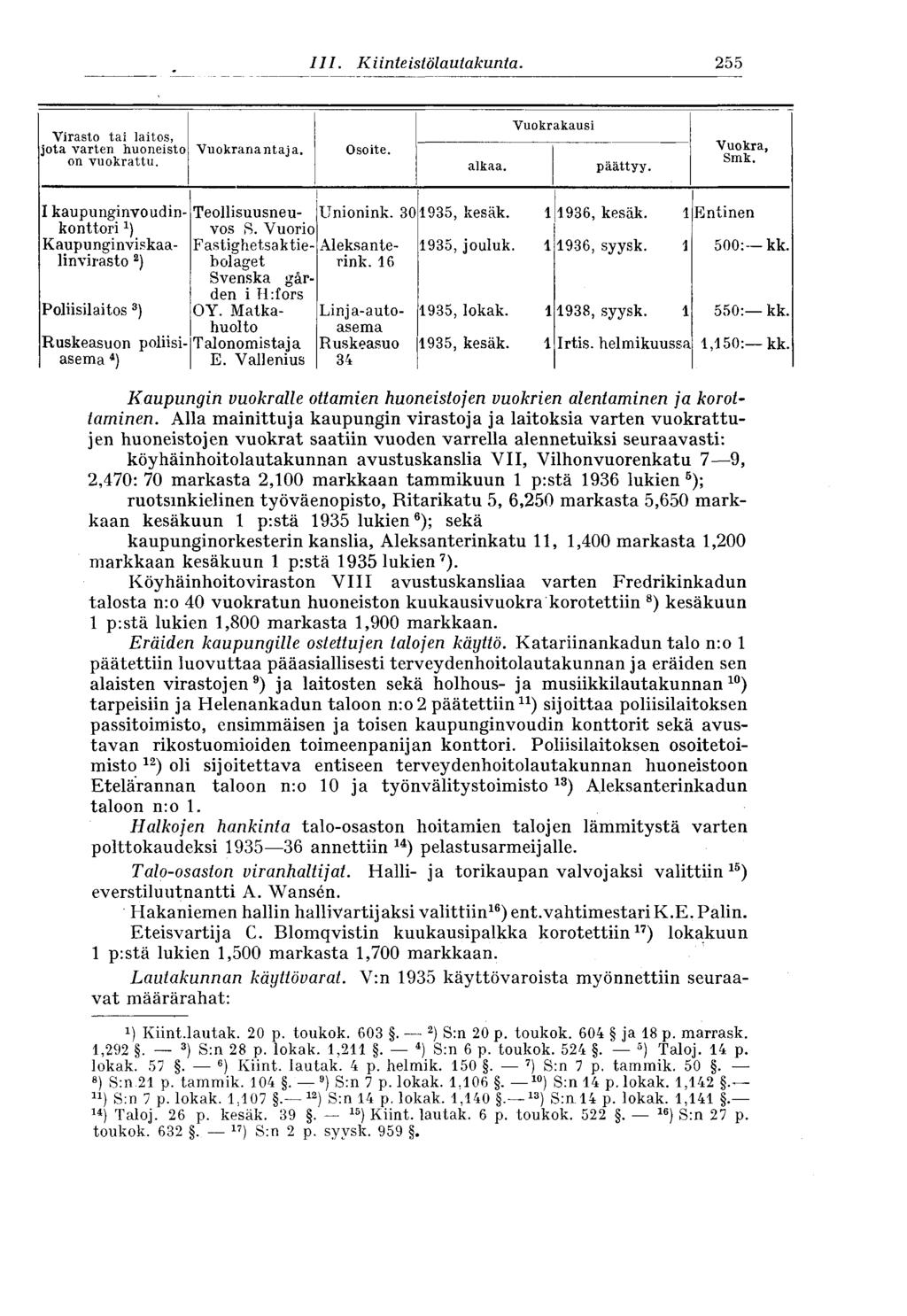 111. Kiinteistölautakunta. 255 Virasto tai laitos, jota varten huoneisto Vuokranantaja. on vuokrattu.