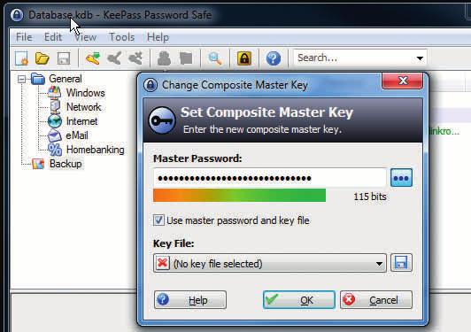 keepass.info Valitse pääsalasana. Ohjelma arvioi sen vahvuuden. Yksi salasana riittää.