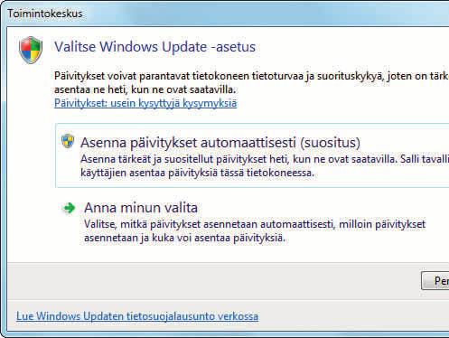 Windowsin päivitykset sekä tekevät käyttö järjestelmästä turvallisemman että auttavat parantamaan pc:n suorituskykyä. Korhosen pc:tä ei ole asetettu päivittämään käyttöjärjestelmää automaattisesti.