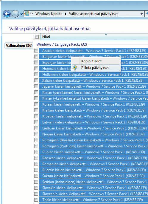 Reader kannattaa pitää ajan tasalla. Valitse nyt kuitenkin Valinnainen-kohta. 9 8 Valikoima sisältää Windows 7:n kielipaketteja, joille Korhosella ei ole käyttöä.