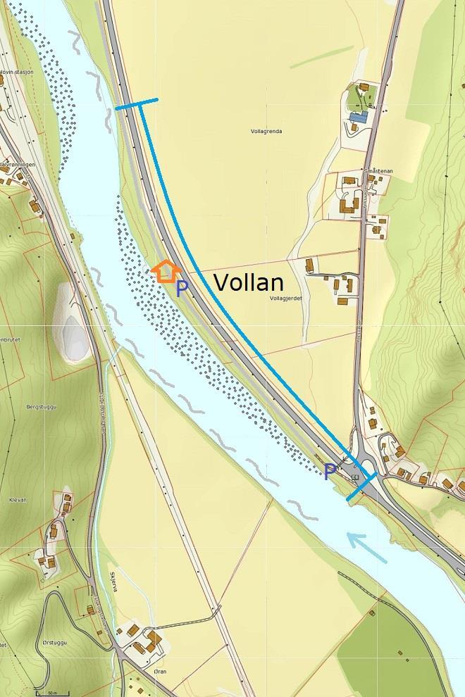 Vollan alaraja on Stasjonshölenin yläraja. Se sijaitsee Gaulajoen itärannalla eli alavirtaan katsottuna oikealla rannalla.