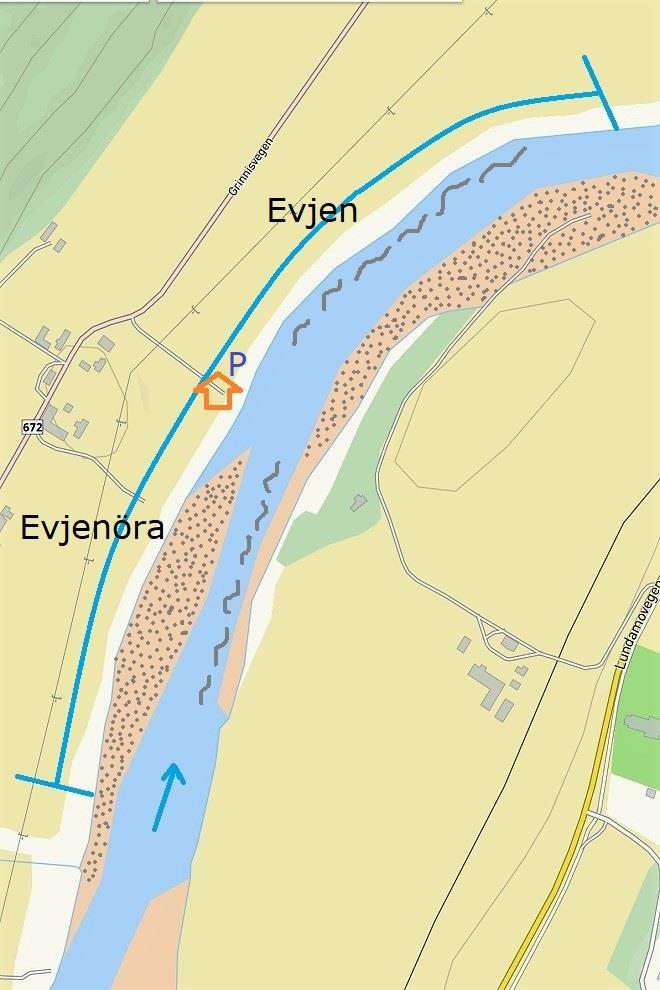Evjen pooli on 600 m pitkä ja sijaitsee 3 km Gaulfossenista alavirtaan joen länsirannalla eli alavirtaan katsottuna vasemmalla puolella. Evjen muodostuu yhdestä pitkästä poolista.