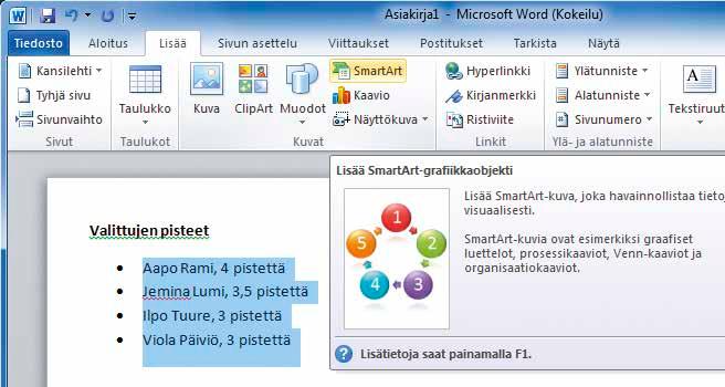 Kirjoita ensin teksti, josta ha luat laatia luettelon. Napsauta sitten luettelomerkkien kuvaketta.